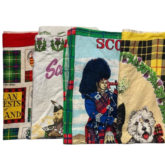 Vintage Scotland Linen Tea Towel Lot Of 4 Scotty Dog Bagpipes Lamont Scottish - Picture 1 of 16